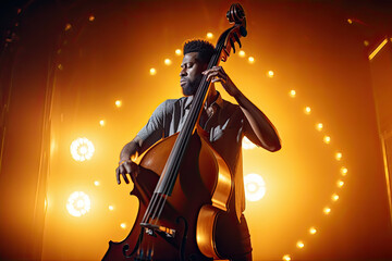Generative AI Illustration of a black double bass player playing his double bass during a live performance at a concert illuminated by colored lights on stage - obrazy, fototapety, plakaty