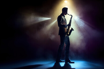 Generative AI Illustration of a saxophonist playing his saxophone during a live performance at a concert illuminated by colored lights on stage