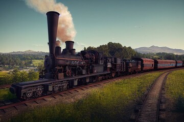 Fototapeta na wymiar An old steam locomotive rides against the backdrop of a picturesque landscape. AI generated. Generative AI
