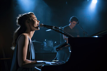 AI Generative Illustration of a young female pianist singing and playing the piano on a stage illuminated by stage lights accompanied by an accompaniment musician