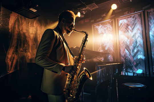 Generative AI Illustration of a saxophonist playing his saxophone during a live performance at a concert illuminated by colored lights on stage