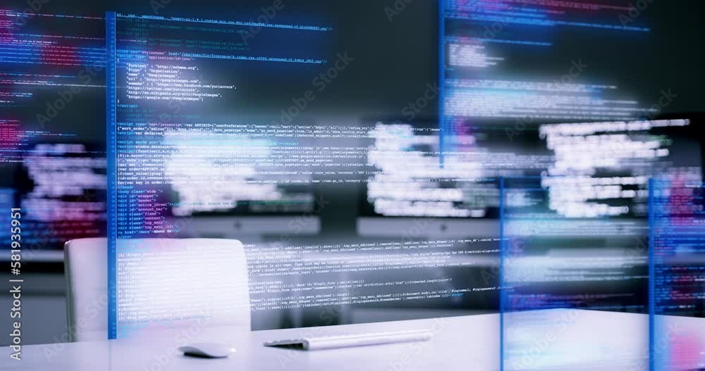 Aufkleber Programming, coding and dashboard at night of computer software, system or application at office. Hologram or screen interface of code or program language for cybersecurity, HTML or virtual 3D data