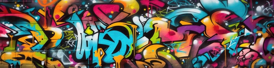 Vibrant colors come alive in this street art mural, expressing the artists creativity through a mix of text and graffiti. Full Frame, Generative AI	