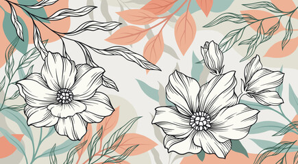 Floral line background. Summer tone with tropical leafy, watercolor wallpaper with flowers and branches. Botanical line art poster, banner or cover, texture. Cartoon flat vector illustration