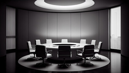 a round table and chairs in a meeting room with a circular ceiling light above the table, there is a black and white photo