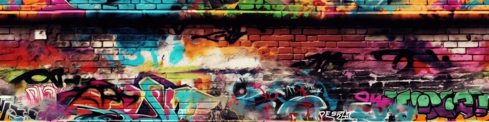 Vibrant colors come alive in this street art mural, expressing the artists creativity through a mix of text and graffiti. Full Frame, Generative AI	