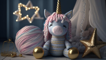 A toy unicorn in a child's room, a collectible crocheted doll, a soft toy, a character for fairy tales and stories in books. Created with artificial intelligence.