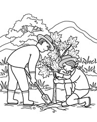 Fototapeta na wymiar Young couple planting red maple tree. Outdoors gardening concept. Illustration drawing black and white.