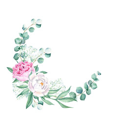 Watercolor peonies, eucalyptus and gypsophila branches wreath isolated on white background. Hand drawn botanical illustration. For wedding invitations, save the date, greeting card, logos, prints.