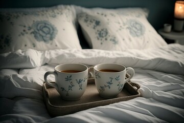 Fototapeta na wymiar illustration, coffee cups in bed, generative ai