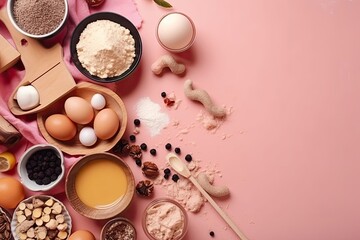Obraz na płótnie Canvas Food components for baking in a frame against a soft pink pastel background. flat lay of food with copy space. looking up. notion of baking. Generative AI