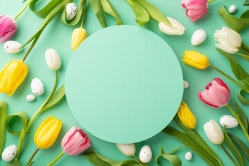 Easter concept. Top view photo of turquoise circle easter eggs pink yellow and white tulips on isolated teal background with copyspace