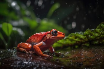 Fototapeta premium red frog, focused only pictures of a frog grasping a leaf in the rain. Generative AI