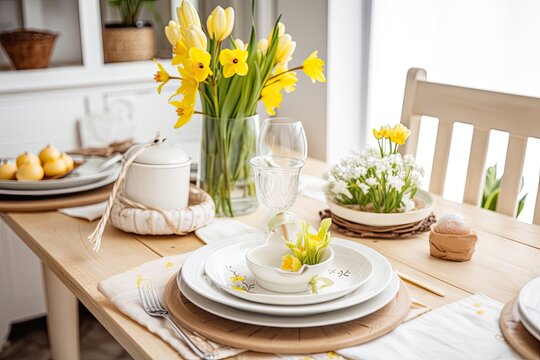 In a bright April kitchen, an Easter table with spring flowers is set. Generative AI