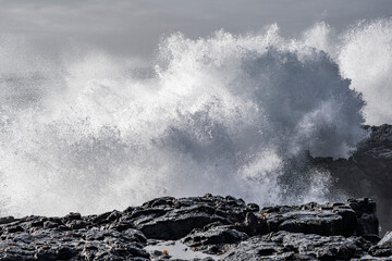 Black rocks on the coast of Iceland with big waves