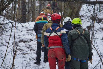 A group of climbers follow the snowy forest.