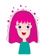 Smiling Girl Face with Colorful Hair. Cute Vector illustration of Female Smiling  Face with Pink hairs. Kids portraits, little lady joyful Happy Emotions.	