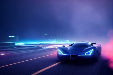 Fototapeta na wymiar Futuristic car driving through blue smoke. AI. Generative AI