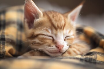 kitten sleeping adorably on white plaid, closeup. Generative AI