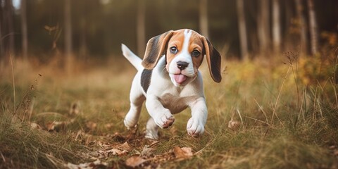 Adorable Beagle frolicking outdoors