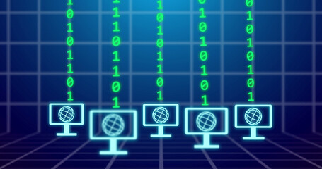 Image of binary coding and globe icons on blue background