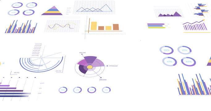 Image of colourful graphs and data processing on white background