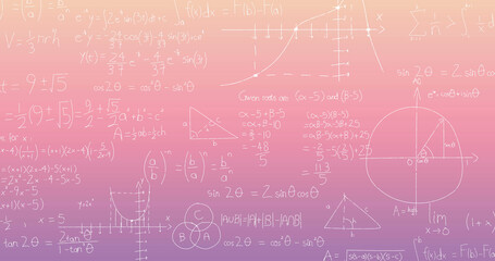 Image of mathematical equations over pink background - obrazy, fototapety, plakaty