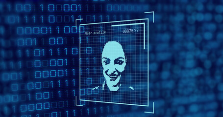 Image of people icons and data processing on blue background