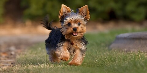 Adorable Yorkshire Terrier puppy frolicking outdoors - obrazy, fototapety, plakaty