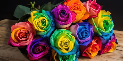 Fototapeta na wymiar colorful rainbow roses photorealistic on black background by generative AI