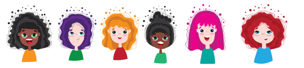 Smiling girls faces. Vector set of Female Smiling Children with colorful hairs. Kids portraits, little lady joyful Happy Emotions.