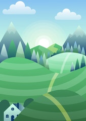 Countrisyde landscape sunrise. Sunbeams on hills with trees. Change of time of day. Countryside and village. Field, nature and environment. Cartoon flat vector illustration