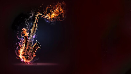 Saxophone on fire. Bursts. Banner. Copy space. AI generated