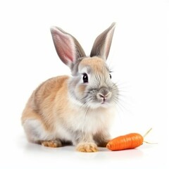 An isolated cute rabbit with a carrot on white background Generative AI