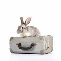 An isolated rabbit with a suitcase on white background Generative AI