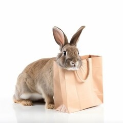 An isolated rabbit with a shopping bag on white background Generative AI