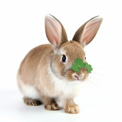 Obraz premium An isolated rabbit with a shamrock on its nose on white background Generative AI