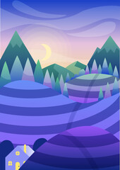 Countrisyde landscape dusk. Crescent moon replaces sun in dark sky. Summer and spring season. Countryside, rural landscape and agriculture at evening. Cartoon flat vector illustration