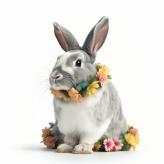 An isolated rabbit with a wreath around its neck on white background Generative AI