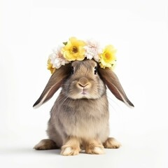 An isolated rabbit with a flower crown on white background Generative AI