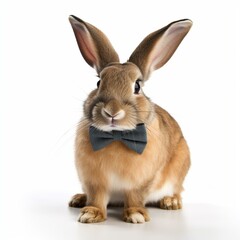 An isolated rabbit with a bow tie on white background Generative AI