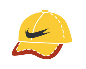 Fashion women clothes. Sticker with yellow sports cap for summer season. Stylish hat with visor or headdress. Trendy Basic Female Garment. Cartoon flat vector illustration isolated on white background