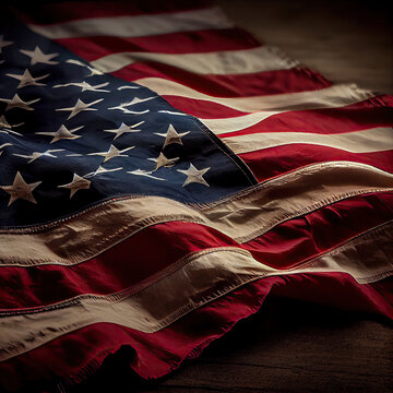 an american flag on a wooden surface with the colors red, white and blue in the background is blurry