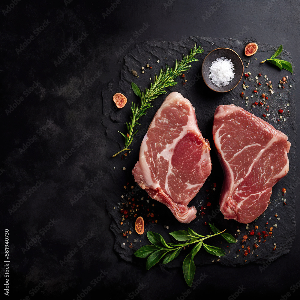 Wall mural raw steak on a slate. two raw steaks on a dark shale background. generative ai. slice of meat with s