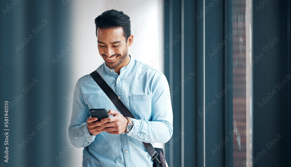 Poster Professional man with smartphone, communication with typing or scroll through social media with smile. Young male, creative at startup and technology, contact and network with happy and reading text