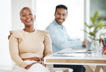 Portrait, business and black woman laughing in office with coworker and pride for career or job....
