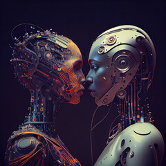 two robots, one kissing and the other looking at each other humanoids with their heads turned to look like faces