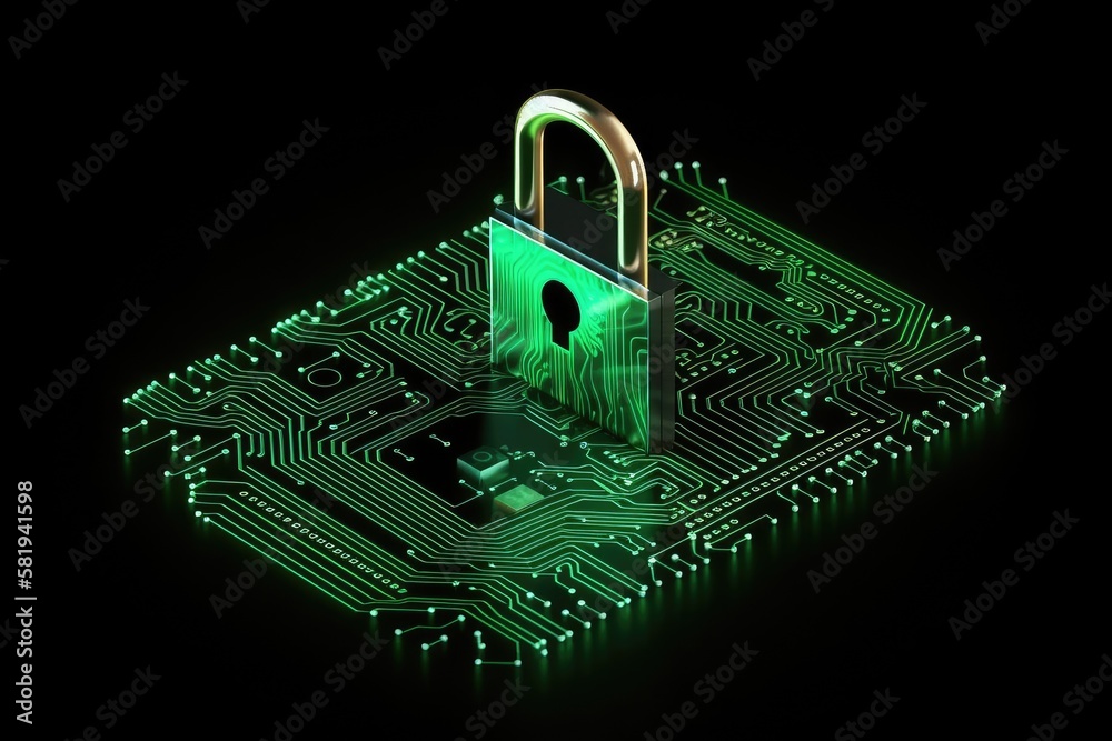 Poster idea of computer security. circuit board of a computer with a lock. generative ai