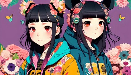 Fototapeta premium An anime teen girls modern fashion dressed, fantasy giapponese character illustration, generative ai.