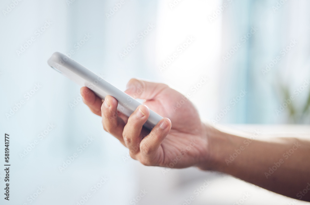 Poster closeup, mockup and hand with smartphone, typing and connection with communication, social media and